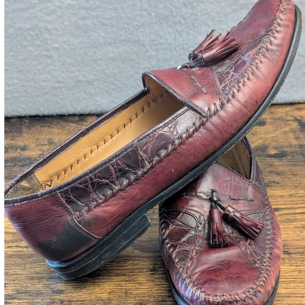 Sandro Moscoloni Crocodile Leather Shoes Mens 11.5 Burgundy Tassel Loafers